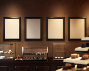 Gourmet chocolate shop with four blank posters in elegant black frames highlighted against a rich brown wall suitable for product or promotional advertising
