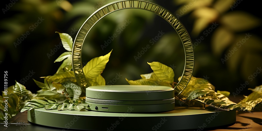 Poster Geometry form square molding on podium stage with shadow of leaf background