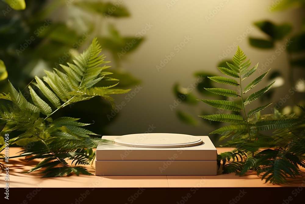 Aufkleber geometry form square molding on podium stage with shadow of leaf background