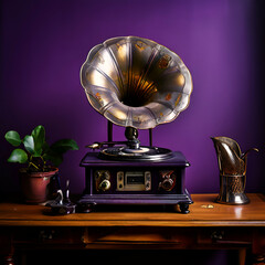 a vintage gramophone on a table and purple wall ,vace plant purple flower background dark purple color,generate ai