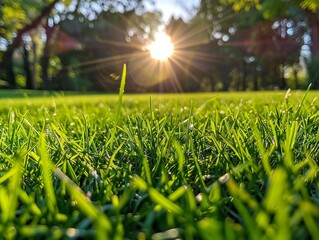 A green grass field with the sun shining through.