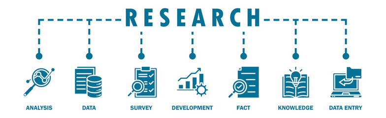 Research banner web icon vector illustration concept with icon of analysis, data, survey, development, fact, knowledge and data entry