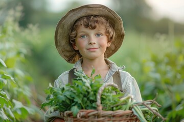 Portrait of a cute little boy in straw hat holding a basket with vegetables in a green agricultural field. Hardworking kid helps his parents in gardening. Enthusiastic kid dreams of becoming a farmer.