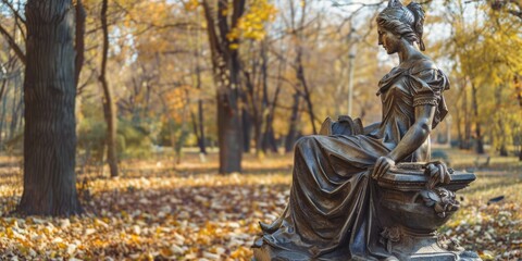 A statue of a woman sitting on a bench in a park, suitable for various outdoor themes