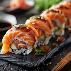 photo of big sushi roll with salmon, japanese cuisine, delicious, japanese restaurant background