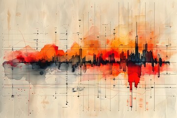 Vintage HandDrawn Sketch of a Dynamic Market Index with Ink Washes and Grid Patterns