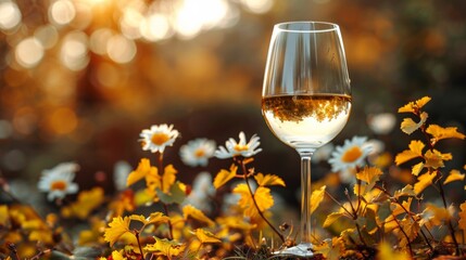A glass of wine is sitting in a field with daisies, AI