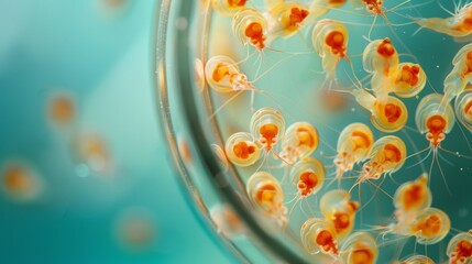 Close-up of shrimp larvae in a petri dish, vibrant orange dots against a soft blue background, marine biology research.