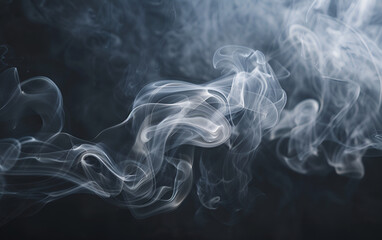 Abstract smoke moves on a black background. Background from the smoke of vape, waves of grey thick smoke on black background