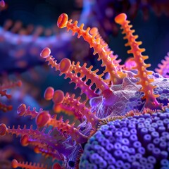 Fototapeta premium Detailed visualization of a spherical cellular structure with orange spike-like projections, emphasizing intricate details in scientific microscopy.