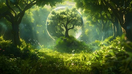 Lush Green Forest Globe Emerging from Interconnected Nature