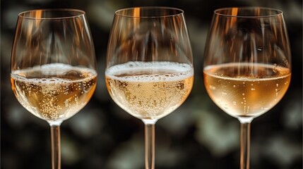 Three wine glasses filled with champagne are lined up on a table, AI