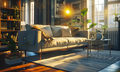 Modern interior japan style design living room. Lighting and sunny Scandinavian apartment with plaster and wood