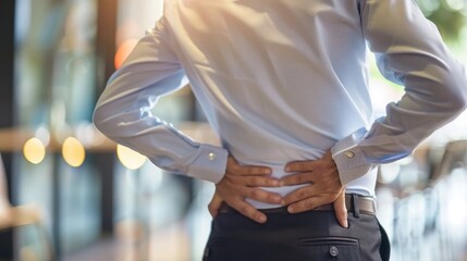 Office worker experiencing lower back pain, Poor posture can lead to back pain, backache, Lumbago