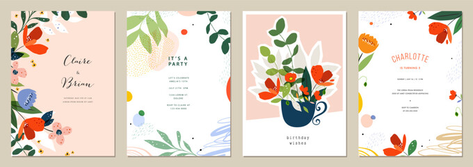 Floral abstract art templates. For wedding invitation, birthday and Mothers Day cards, flyer, poster, banner, brochure, menu, email header, post in social networks, advertising, events and page cover.