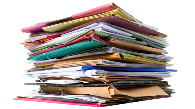 Files stacking up in a messy order isolated on transparent background