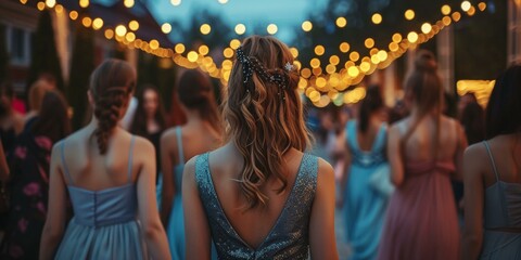 Enchanting evening at outdoor prom celebration, multiple teenagers in formal attire under twinkling lights, festive mood, social gathering, summer night.