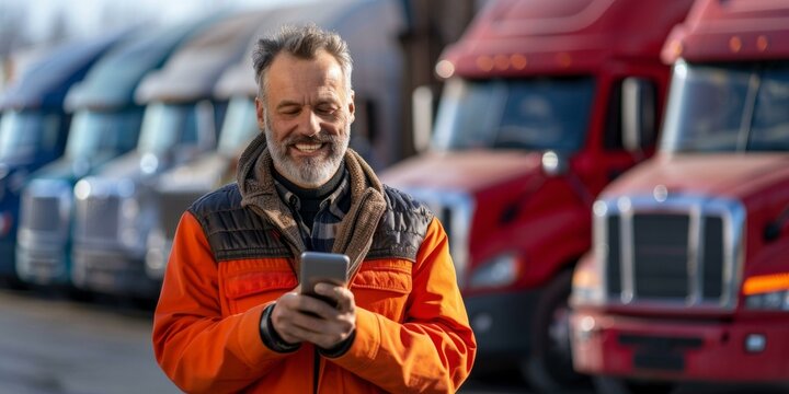 Joyful truck driver in vibrant orange jacket using smartphone, rows of colorful trucks blurred in background.