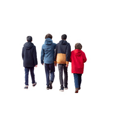 Obraz premium Sortie entre copains, quatre jeunes personnes, vus de dos, saison fraîche, vêtements chauds