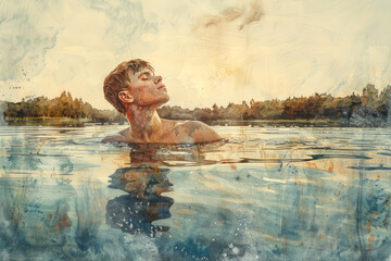 young man in water, in style of an aquarelle