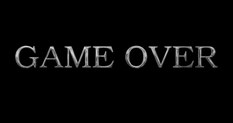 Game over golden metallic typography text animation. Game over screen text animation clip overlay fx. Final finish progress simple graphic add message icon electronic interface play more ad.