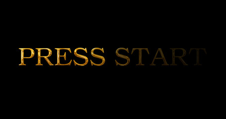 Press Start simple text golden metallic illuminated overlay effect. Press start motion screen interface menu gameplay intro banner. Nostalgia creative win end over game screen virtual stream.