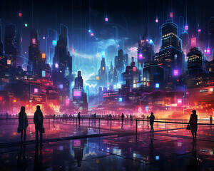 A digital painting of a cyberpunk city at night. The city is full of tall buildings, neon lights, and flying cars. There are people walking around in the streets.