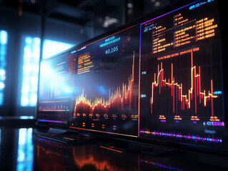 A futuristic stock chart glowing with neon lights, displayed on a high detail digital screen set against an abstract, capturing the essence of advanced financial analytics in a sci-fi setting.