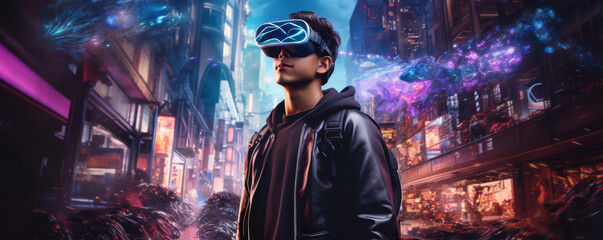 A young man wearing a VR headset stands in the middle of a busy street. The city is full of people and the lights of the city are reflected in the lenses of his headset.