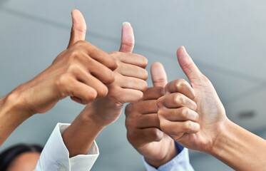 Business, people and hands for thumbs up, agreement and success, teamwork or vote for idea of...