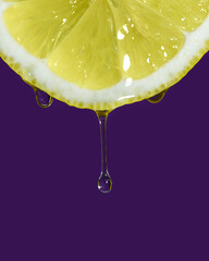 Yellow lemon slice with hanging drop on purple background