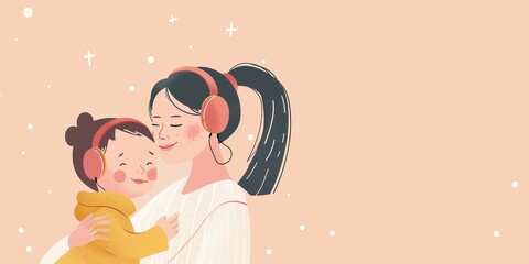 Obraz premium A woman is holding a child in her arms. The child is wearing headphones. Concept of warmth and affection between the mother and child