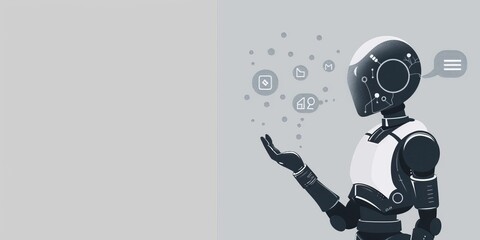 Fototapeta premium A robot is holding a cell phone and is surrounded by icons. The robot is holding the phone in its right hand and the icons are scattered around it