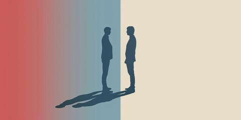 Two men are standing in front of a blue and red background. The men are looking at each other