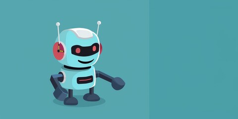 A robot with red eyes and red ears is standing on a blue background. The robot is smiling and he is happy