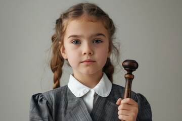 Close-up portrait of a preschool girl wearing a formal lawyer's suit. Cute child holding a wooden gavel. Kindergarten kid dreams of becoming a judge. Light grey background.