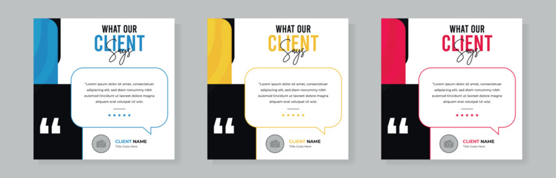 Set of client testimonials or review social media post design, client feedback template with square size modern and creative.