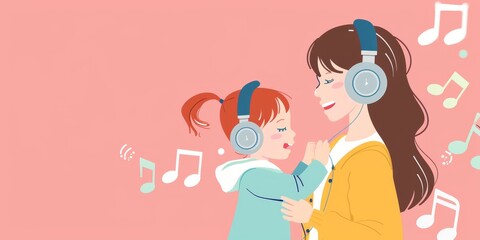 Obraz premium A woman and a child are wearing headphones and listening to music. The woman is holding the child's hand