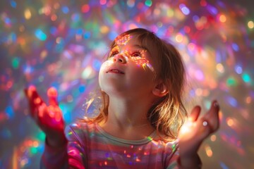Naklejka premium Little girl with her arms outstretched and palms open in a stream of magical rainbow light. Magic colorful light projected on a child's face. Cute kid waiting for the holiday magic.