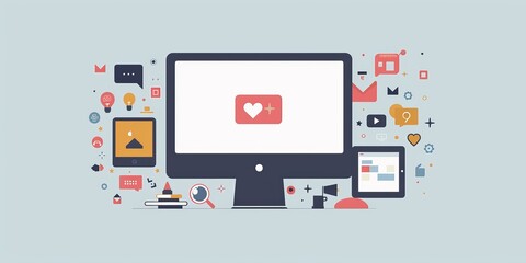 A computer monitor with a heart on it and a bunch of icons surrounding it. The icons include a camera, a book, a keyboard, and a mouse. Scene is that of a creative workspace