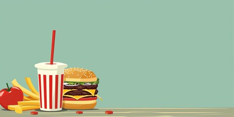 A cartoonish drawing of a hamburger, fries, and a drink on a table. Scene is lighthearted and fun, as it is a cartoonish representation of a fast food meal