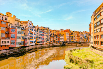 Colourful buildings by river