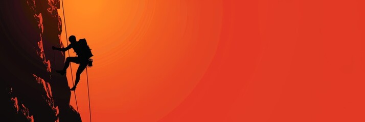 A man is climbing a rock wall with a backpack. The image has a mood of adventure and determination