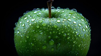 Bright green apple isolated on a black background perfect for healthy food advertising with a dramatic contrast