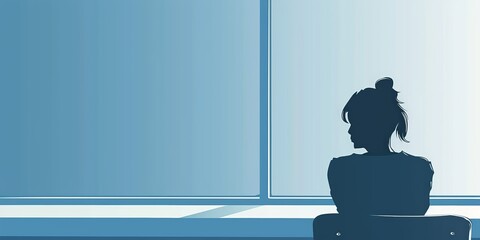 A woman is sitting in front of a window, looking out at the blue sky. Concept of solitude and contemplation, as the woman is lost in thought