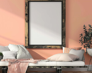 Luxury bed and breakfast with one large blank poster in a rustic black frame spotlighted on a pastel peach wall for a cozy and inviting advertising mockup