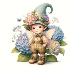 Fototapeta premium Gnome hydrangea fairy watercolor
