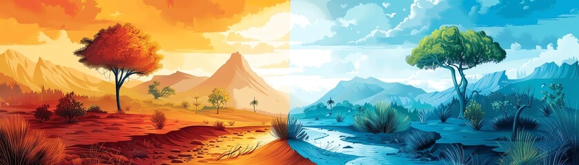 Naklejka premium Split landscape illustration showing a vivid contrast between a lush, vibrant side and a desolate, arid side, depicting environmental impact