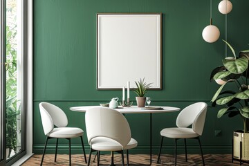 A green room with a white table and chairs