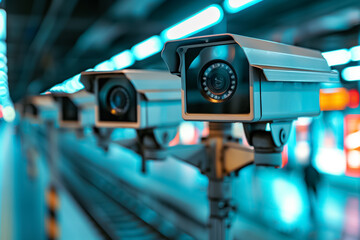 A row of high-tech security cameras in a subway station, providing surveillance to enhance safety in urban public transportation.